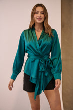 Load image into Gallery viewer, Iris Wrap Emerald Satin Long Sleeve Evening Top