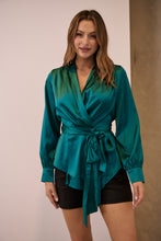Load image into Gallery viewer, Iris Wrap Emerald Satin Long Sleeve Evening Top