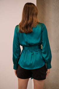 Iris Wrap Emerald Satin Long Sleeve Evening Top