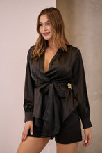 Load image into Gallery viewer, Iris Wrap Black Satin Long Sleeve Evening Top