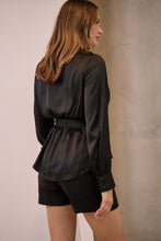 Load image into Gallery viewer, Iris Wrap Black Satin Long Sleeve Evening Top