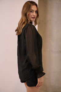 Meredith Black Shiny Fleck Shirred Neck Long Sleeve Top