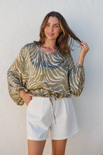 Load image into Gallery viewer, Riva Taupe/White Print Long Sleeve Drawstring Top
