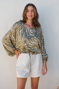 Riva Taupe/White Print Long Sleeve Drawstring Top