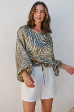 Load image into Gallery viewer, Riva Taupe/White Print Long Sleeve Drawstring Top
