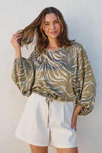 Load image into Gallery viewer, Riva Taupe/White Print Long Sleeve Drawstring Top