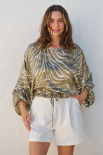 Load image into Gallery viewer, Riva Taupe/White Print Long Sleeve Drawstring Top