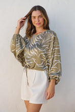 Load image into Gallery viewer, Riva Taupe/White Print Long Sleeve Drawstring Top