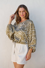 Load image into Gallery viewer, Riva Taupe/White Print Long Sleeve Drawstring Top