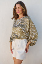 Load image into Gallery viewer, Riva Taupe/White Print Long Sleeve Drawstring Top
