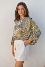 Load image into Gallery viewer, Riva Taupe/White Print Long Sleeve Drawstring Top