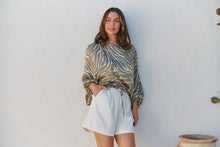 Load image into Gallery viewer, Riva Taupe/White Print Long Sleeve Drawstring Top