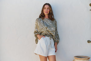 Riva Taupe/White Print Long Sleeve Drawstring Top