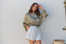 Load image into Gallery viewer, Riva Taupe/White Print Long Sleeve Drawstring Top
