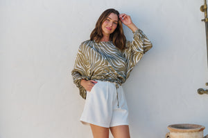 Riva Taupe/White Print Long Sleeve Drawstring Top