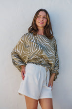 Load image into Gallery viewer, Riva Taupe/White Print Long Sleeve Drawstring Top
