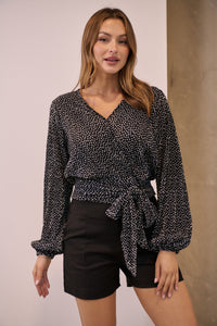 Parvatti Black/White Polka Pleated Long Sleeve Top