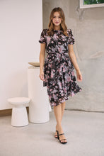 Load image into Gallery viewer, Tullia Black/Purple/Grey Frill Floral Evening Dress