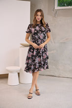 Load image into Gallery viewer, Tullia Black/Purple/Grey Frill Floral Evening Dress