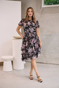 Tullia Black/Purple/Grey Frill Floral Evening Dress