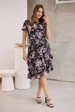 Load image into Gallery viewer, Tullia Black/Purple/Grey Frill Floral Evening Dress