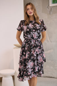 Tullia Black/Purple/Grey Frill Floral Evening Dress