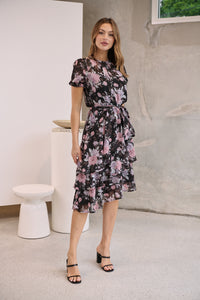 Tullia Black/Purple/Grey Frill Floral Evening Dress