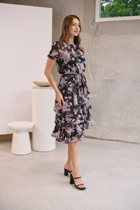 Tullia Black/Purple/Grey Frill Floral Evening Dress