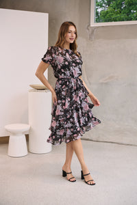 Tullia Black/Purple/Grey Frill Floral Evening Dress