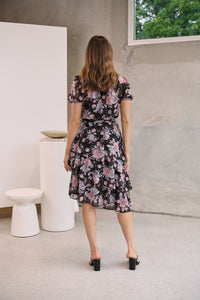 Tullia Black/Purple/Grey Frill Floral Evening Dress