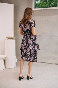 Tullia Black/Purple/Grey Frill Floral Evening Dress