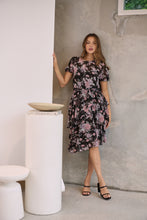 Load image into Gallery viewer, Tullia Black/Purple/Grey Frill Floral Evening Dress