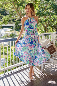 Juno Blue/Purple/Green Floral Print Frill Dress