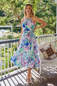 Juno Blue/Purple/Green Floral Print Frill Dress