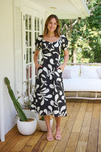 Load image into Gallery viewer, Lulu Tie Front Black/Cream Print Midi Dress