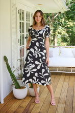 Load image into Gallery viewer, Lulu Tie Front Black/Cream Print Midi Dress