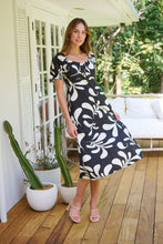 Load image into Gallery viewer, Lulu Tie Front Black/Cream Print Midi Dress