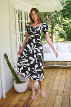 Load image into Gallery viewer, Lulu Tie Front Black/Cream Print Midi Dress