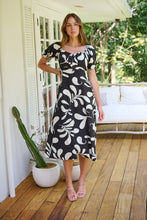 Load image into Gallery viewer, Lulu Tie Front Black/Cream Print Midi Dress