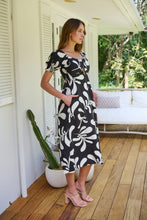 Load image into Gallery viewer, Lulu Tie Front Black/Cream Print Midi Dress