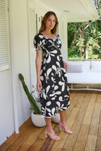 Load image into Gallery viewer, Lulu Tie Front Black/Cream Print Midi Dress