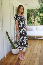 Load image into Gallery viewer, Lulu Tie Front Black/Cream Print Midi Dress