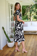 Load image into Gallery viewer, Lulu Tie Front Black/Cream Print Midi Dress