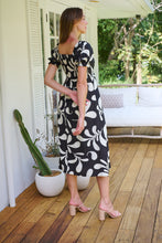 Load image into Gallery viewer, Lulu Tie Front Black/Cream Print Midi Dress