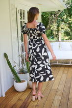 Load image into Gallery viewer, Lulu Tie Front Black/Cream Print Midi Dress