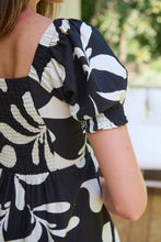 Load image into Gallery viewer, Lulu Tie Front Black/Cream Print Midi Dress
