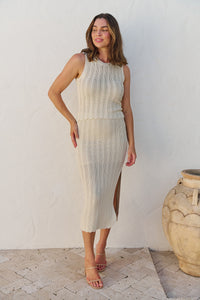 Eira Fitted Long Crochet Knit Beige Skirt (Part of a Set)