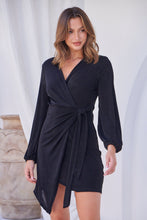 Load image into Gallery viewer, Domino Black Metallic Cross Over Tie Front Long Sleeve Dress