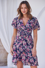 Load image into Gallery viewer, Sabina Chiffon Cross Over Navy/Pink Floral Print Dress