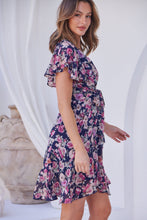 Load image into Gallery viewer, Sabina Chiffon Cross Over Navy/Pink Floral Print Dress